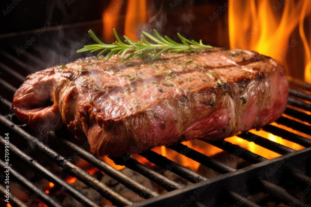 fresh steak surrounded by rising smoke on grill