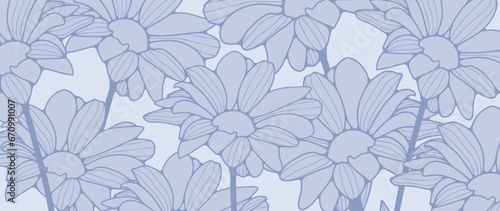 Floral blue background with chamomile flowers. Vector background for decor, wallpaper, covers, cards and presentations.