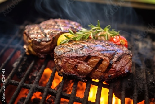 view of a juicy steak on a charcoal bbq