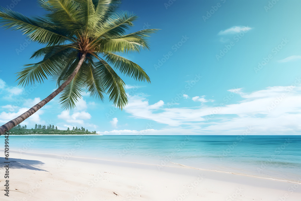 Obraz premium tropical beach view at sunny day with white sand, turquoise water and palm tree. Neural network generated image. Not based on any actual scene or pattern.