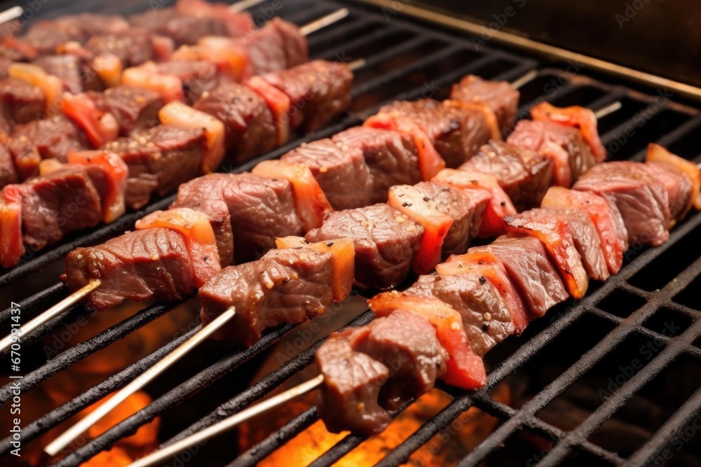 skewered steak strips on a table-top grill