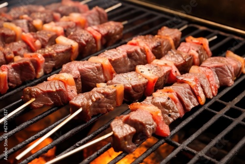 skewered steak strips on a table-top grill