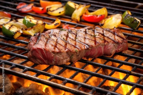 grill grate with steak over hot coals