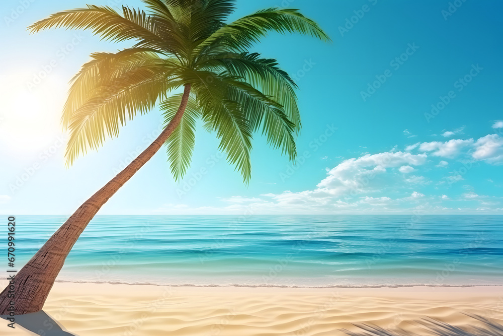 tropical beach view at sunny morning with white sand, turquoise water and palm tree. Neural network generated image. Not based on any actual scene or pattern.