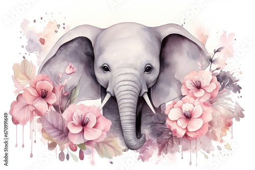 Dreamy Watercolor Painting of a Gray Elephant Surrounded by Pink and Purple Flowers