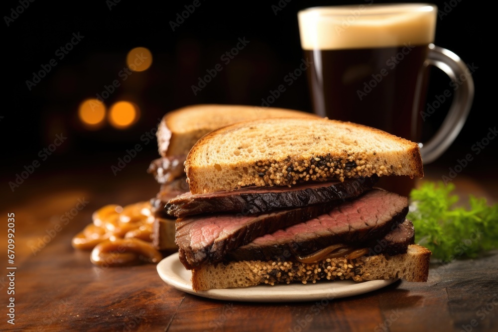 stout beer in a glass next to a beef brisket sandwich - obrazy, fototapety, plakaty 