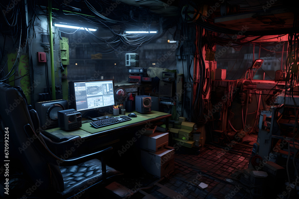 Messy and dark hi-tech cyberpunk hacker hideout room. Neural network generated image. Not based on any actual person or scene.