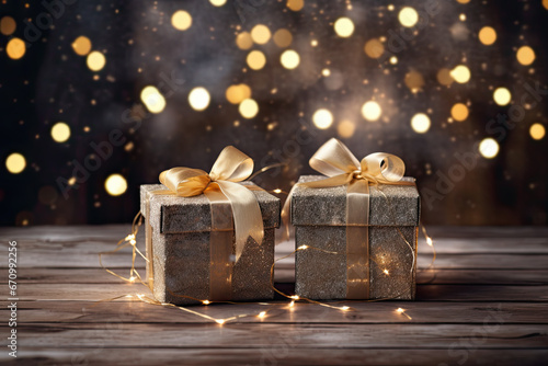 paquetes de regalo con lazo dorado sobre madera y fondo bokeh dorado luminoso. Concepto celebraciones, año nuevo, navidad, cumpleaños, aniversarios, dia de la madre photo