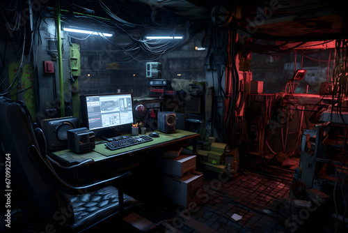 Messy and dark hi-tech cyberpunk hacker hideout room. Neural network generated image. Not based on any actual person or scene.