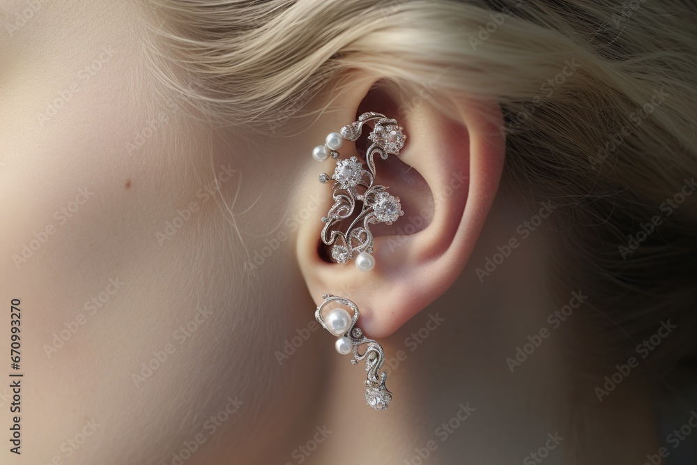 illustration of close up of ear with silver pinballs floating over,Generative ai
