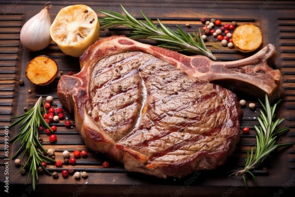 top view of t-bone steak with grill marks and rosemary top view of t-bone steak with grill marks and rosemary