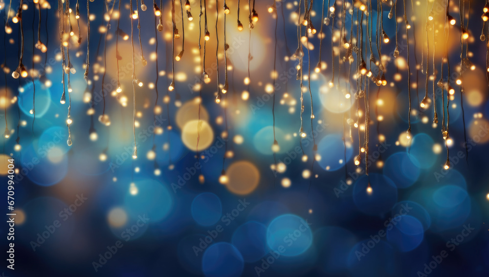 luces decorativas de navidad doradas sobre fondo azul desenfocado - obrazy, fototapety, plakaty 