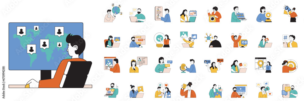 Social network concept with people situations mega set in flat web design. Bundle scenes of online global communication and blogging. Vector illustrations for social media banner, marketing material. - obrazy, fototapety, plakaty 