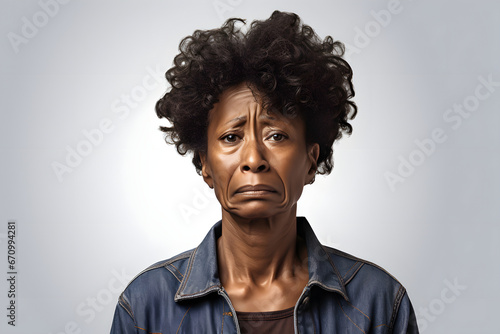 Crying senior African American woman, head and shoulders portrait on light grey background. Neural network generated image. Not based on any actual person or scene. photo