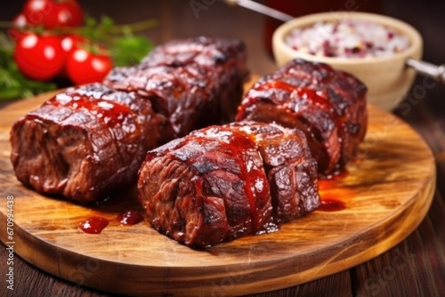 close-up of bbq beef ribs glazed with homemade sauce on a board