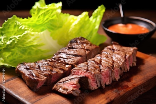 grilled beef rib serving on a bed of fresh lettuce leaves