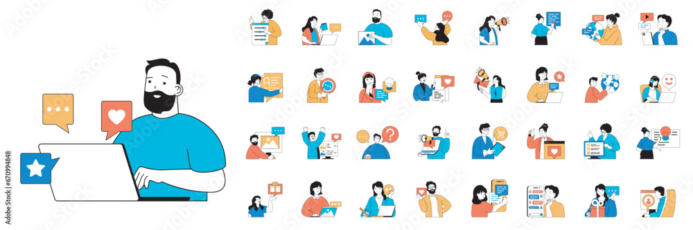 Social media concept with people situations mega set in flat web design. Bundle scenes of chatting, following, internet influence. Vector illustrations for social media banner, marketing material.