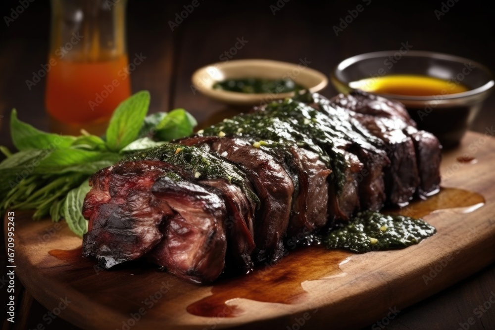 grilled beef ribs steamed over charcoal, dripping with tangy sauce grilled beef ribs steamed over charcoal, dripping with tangy sauce