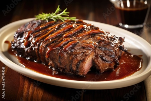 a single beef rib smothered in tangy bbq sauce on a plate