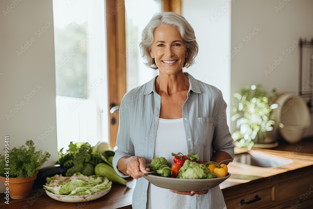 Active graceful Senior Women Smile and eat healthy food in the kitchen, retirement life Active graceful Senior Women Smile and eat healthy food in the kitchen, retirement life