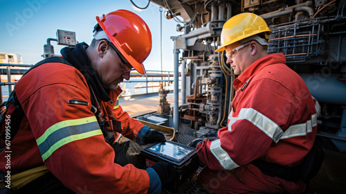 Offshore oil rig worker and tablet during working