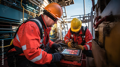 Offshore oil rig worker and tablet during working photo