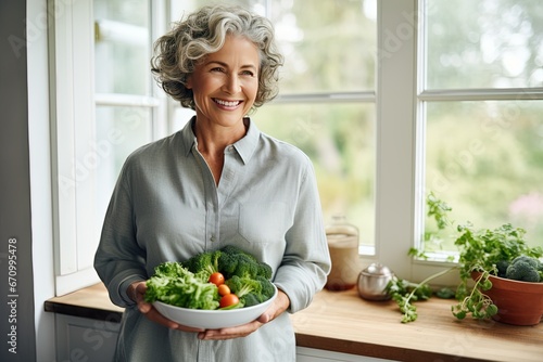 Active graceful Senior Women Smile and eat healthy food in the kitchen, retirement life 