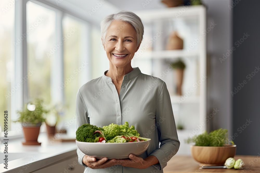 Active graceful Senior Women Smile and eat healthy food in the kitchen, retirement life Active graceful Senior Women Smile and eat healthy food in the kitchen, retirement life
