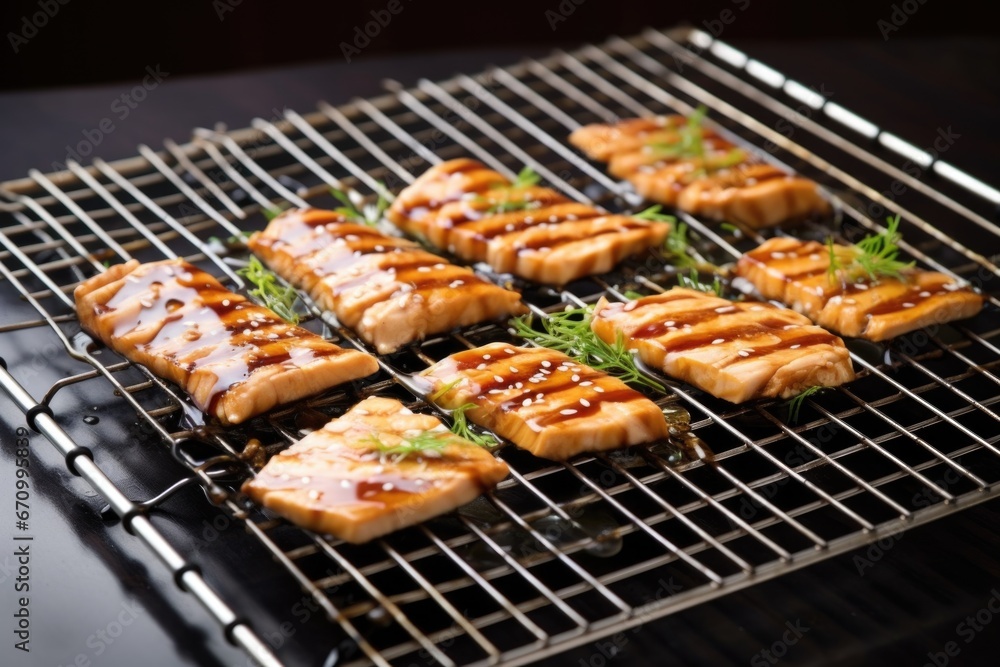 tofu steak on a cooling rack, glazed with teriyaki sauce