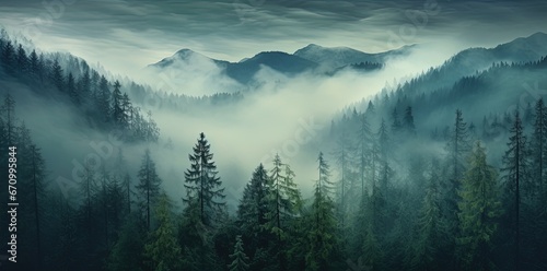Misty Coniferous Forest Panorama with Serene Ambiance © Unitify