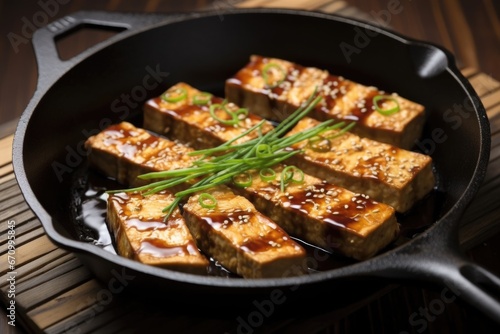 tofu steaks in a cast-iron skillet, sizzling in teriyaki sauce