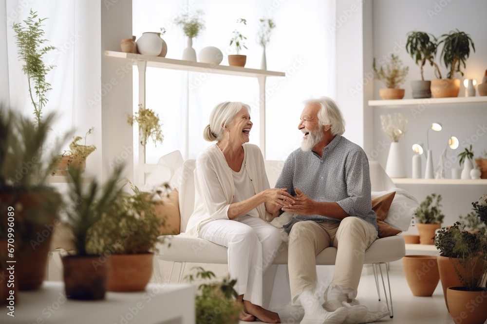 Senior Couple Enjoying and smile happy Memories and Staying Healthy, in the living room Senior Couple Enjoying and smile happy Memories and Staying Healthy, in the living room