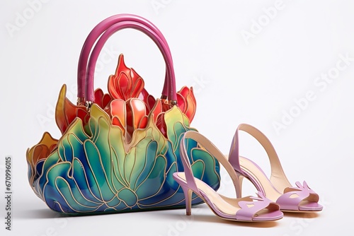 illustration of colorful toat bag and heels designed with lotus flow, Generative ai photo