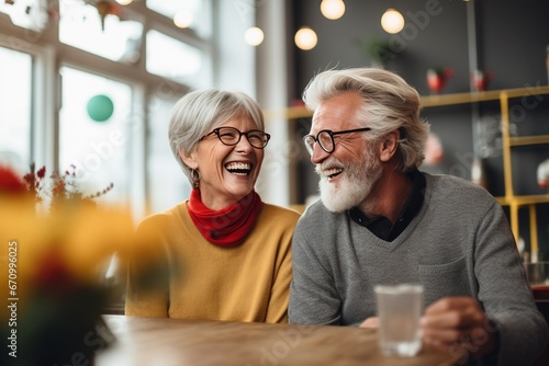 Senior Couple Enjoying and smile happy Memories and Staying Healthy, in the living room