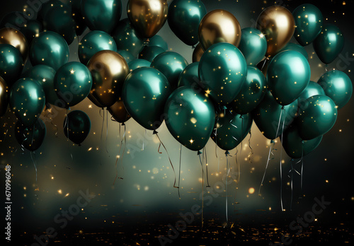 Black and green air balloons with gold confetti around on light background with free text copy space. Greeting card