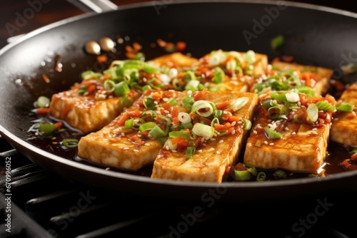 tofu steaks tossed in wok, splashed with teriyaki sauce