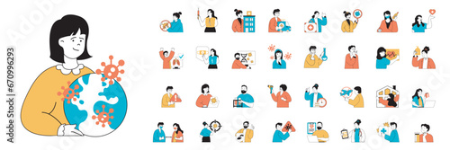 Coronavirus concept with people situations mega set in flat web design. Bundle scenes of epidemic, vaccination, disease prevention. Vector illustrations for social media banner, marketing material.