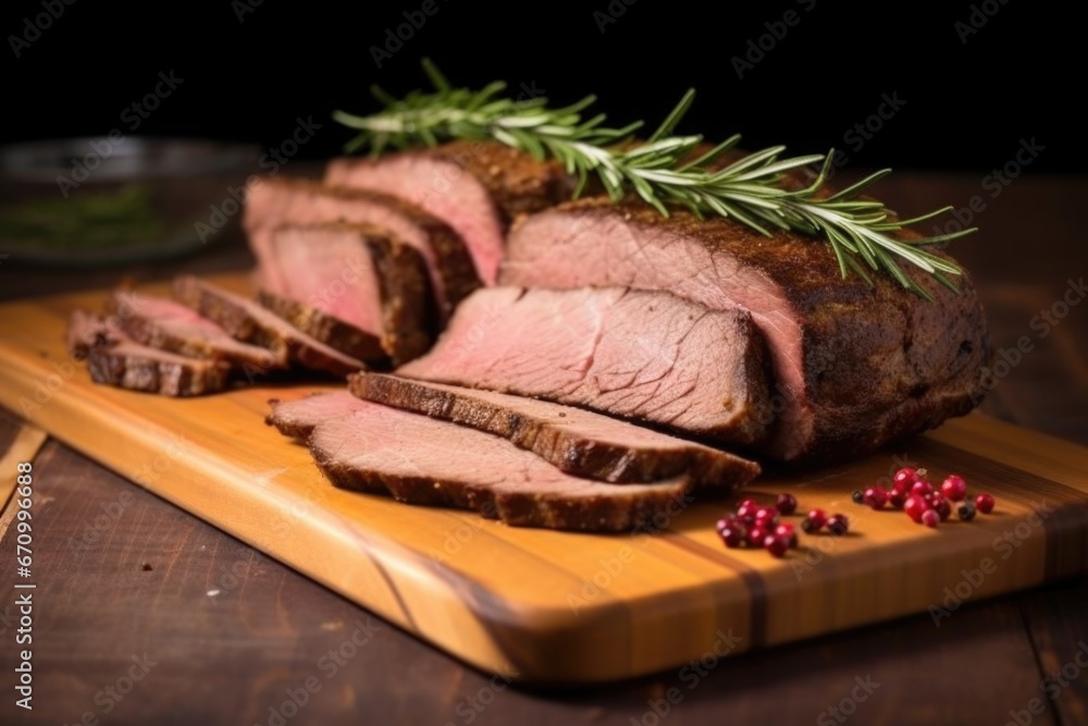 slices of beef brisket on a wooden platter with rosemary sprigs