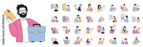 Mobile commerce concept with people situations mega set in flat web design. Bundle scenes of online shopping and ordering in apps. Vector illustrations for social media banner, marketing material.