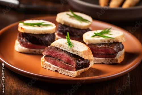 tender brisket slices sandwiched on a bread roll placed on a ceramic dish
