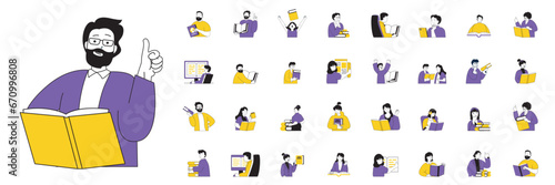 Reading book concept with people situations mega set in flat web design. Bundle scenes of different readers with books or textbooks. Vector illustrations for social media banner, marketing material.