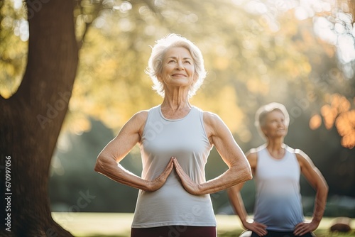 Active graceful Senior Women and Man friend Practicing Yoga in house Stretching muscle health, workout, and training with the retirement community