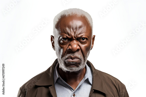 Angry mature African American man, head and shoulders portrait on white background. Neural network generated image. Not based on any actual person or scene.