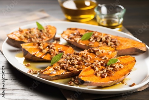 grilled sweet potato with maple syrup and pecans