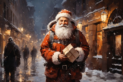 Portrait of Santa, winter, snow covered city street
