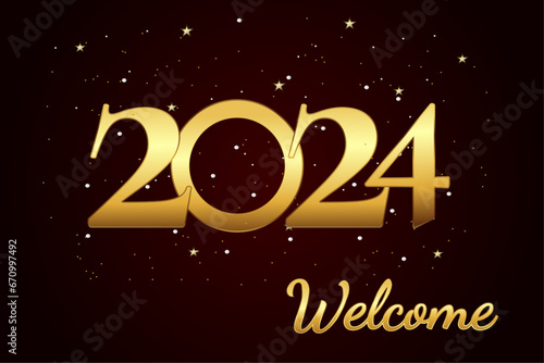 New Year background with "welcome 2024" lettering on abstract bright sparkling midnight sky. New Year's Eve Party Invitation Card Banner.New Year 2024 Concept.Vector Illustration.