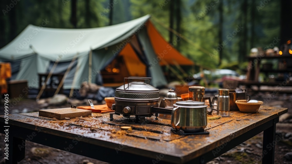 Tent camp in the forest in the foreground, a table with objects for cooking cups, pots, burners, the concept of travel, hiking, nature vacation vacation equipment for hiking healthy lifestyle