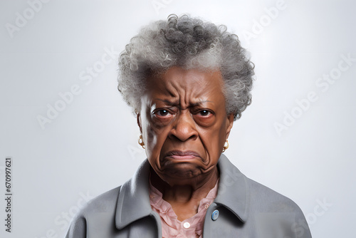 Angry and disgusted senior African American woman, head and shoulders portrait on white background. Neural network generated image. Not based on any actual person or scene. photo