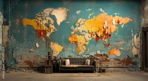 interior of old house with shabby walls, a sofa, with image on wall of world map on a peeling wall with peeling paint, the concept of outdated models of world order, frailty of world. nothing eternal photo