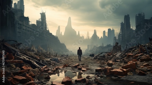 The silhouette of a lonely man standing looking at the ruins of a city with rubble, the concept of loneliness, stress, lack of meaning in life. photo